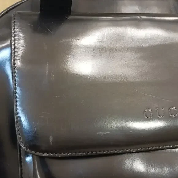 Gucci LARGE SIZE Patent Leather BLACK Shoulder Bag 12"x10" Double Straps Bamboo